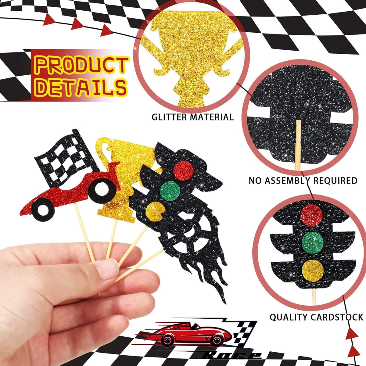 Gersoniel 49 Pack Two Fast Cake Toppers Cake Decoration Double Sided Trophy Flag Race Car Birthday Party Supplies
