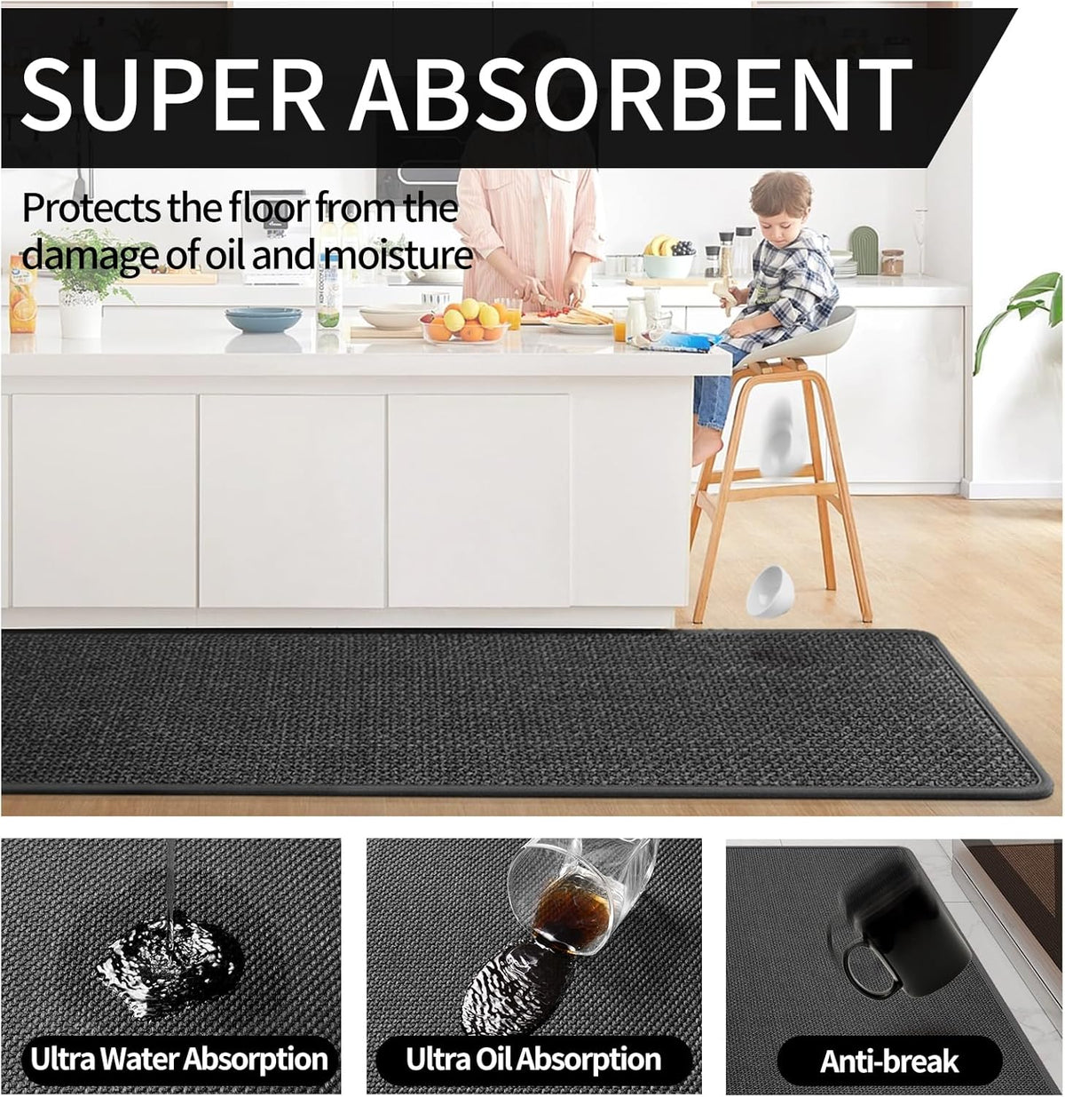 Kitchen Mats for Floor, Super Absorbent Kitchen Rugs Non Slip Washable, Soft Imitation Linen Braided Kitchen Runner Rug, Standing Mat Kitchens Sink Mat, Easy to Clean, Black 17x95