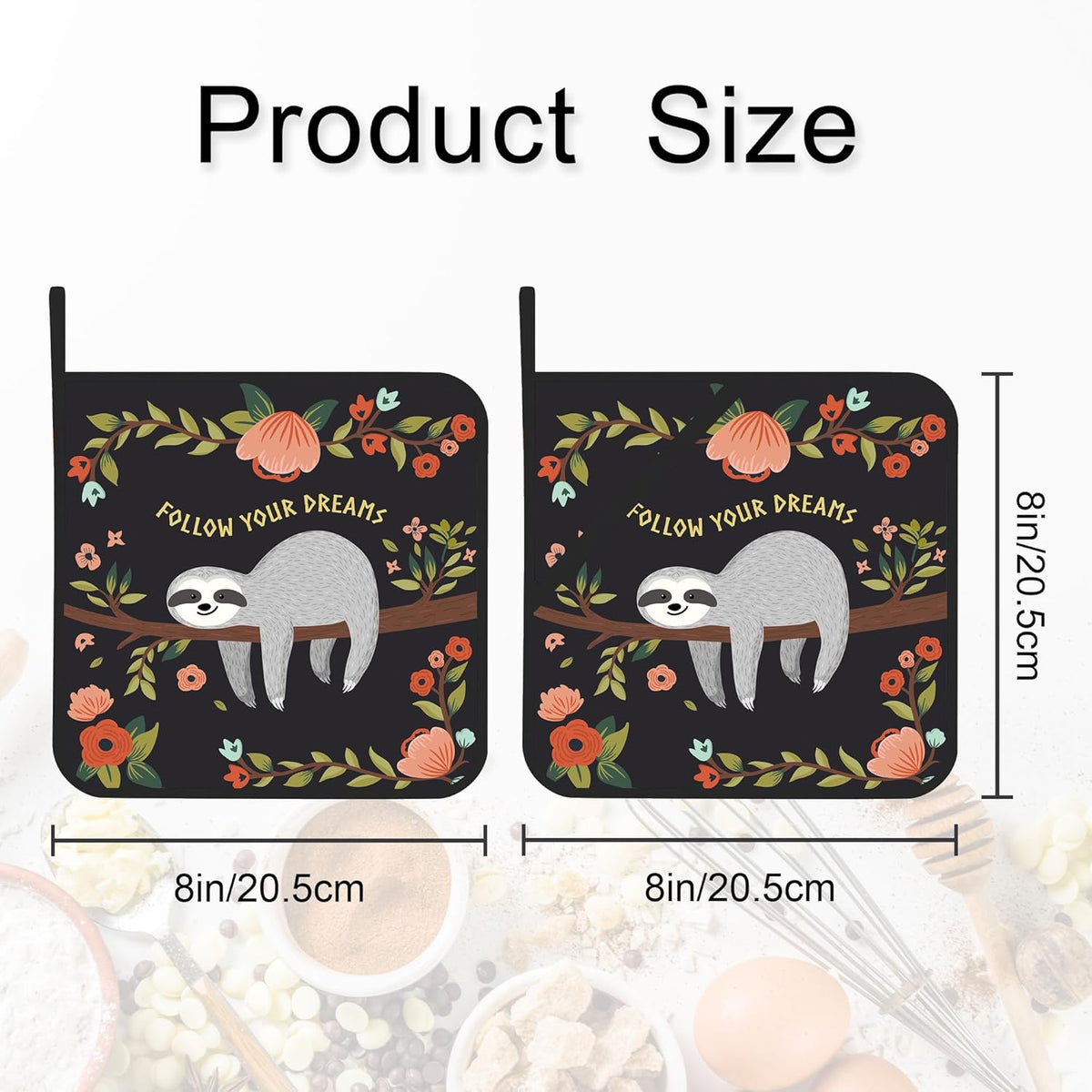 Pot Holder Set of 2,Cute Cartoon Sloth Kitchen Heat Resistant Potholder for BBQ Cooking Baking,Food Hot Pat for Women Men Kitchen Wear