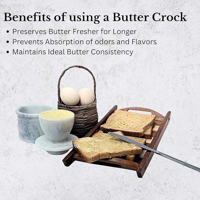 White Marble Butter Keeper with Lid | Soft Spreadable French Butter Crock for Countertop | Home and Kitchen Decor | Large (3 oz Capacity)