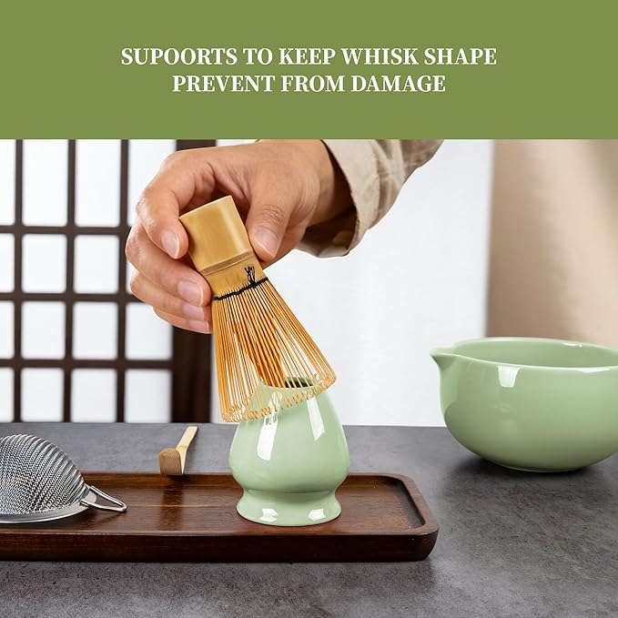 YIBO Matcha Whisk Set, Matcha Kit Bamboo Whisk and Ceramic Bowl with Spout & Measuring Spoon & Cup, Japanese Ceremony Matcha Tea Making Tools Green