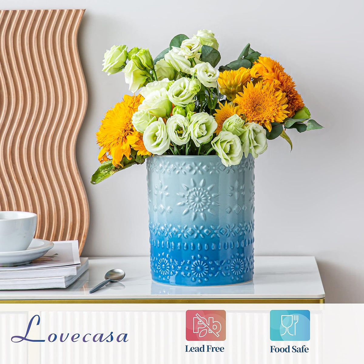 LOVECASA Extra Large Kitchen Utensil Holder, 7.2" Ceramic Farmhouse Utensil Holder For Kitchen Décor Countertop With Heavy And Sturdy Base, Utensil Crock Organizer, Blue