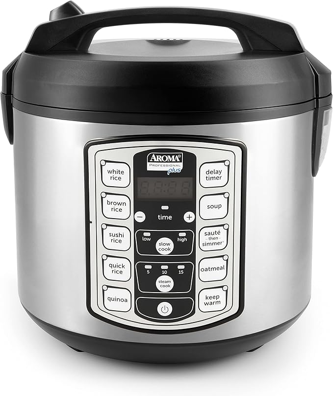 Aroma Housewares Professional Plus ARC-5000SB 20 Cup (Cooked) Digital Rice Cooker, Food Steamer, Slow Cooker, Stainless Exterior/Nonstick Pot, Silver, Black, 10-cup uncooked/20-cup cooked/4QT