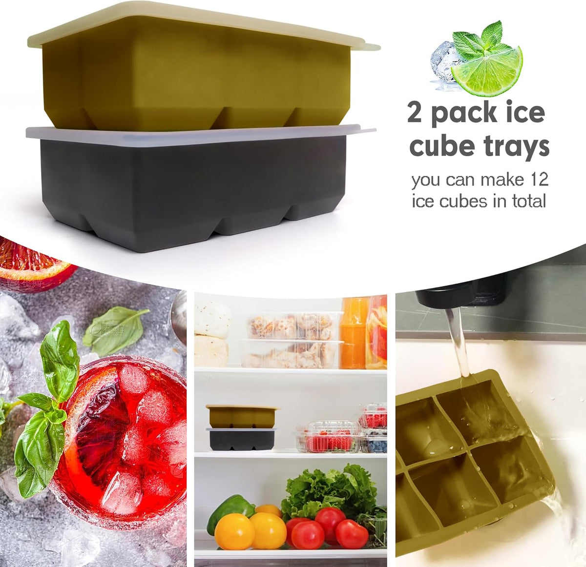 Silicone Ice Cube Trays with Lids,Large Square Ice Cube Molds for Freezer, Whiskey, Cocktail, Stackable Flexible and Reusable & Easy Release BPA Free (2 Pack&Dark Gray and Army green)