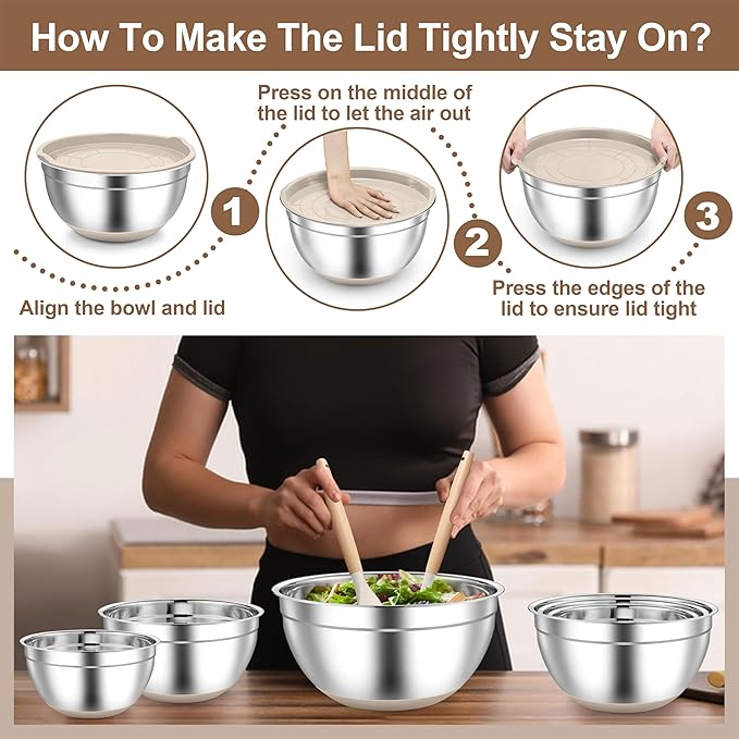 TeamFar Khaki Mixing Bowls, 6-Piece Stainless Steel Nesting Salad Bowls with Lid Set for Prepping Baking, Non-Toxic & Stackable, Air-Tight Lid & Non Slip Bottom, 4.6/2.6/2/1.5/1 / 0.7 QT