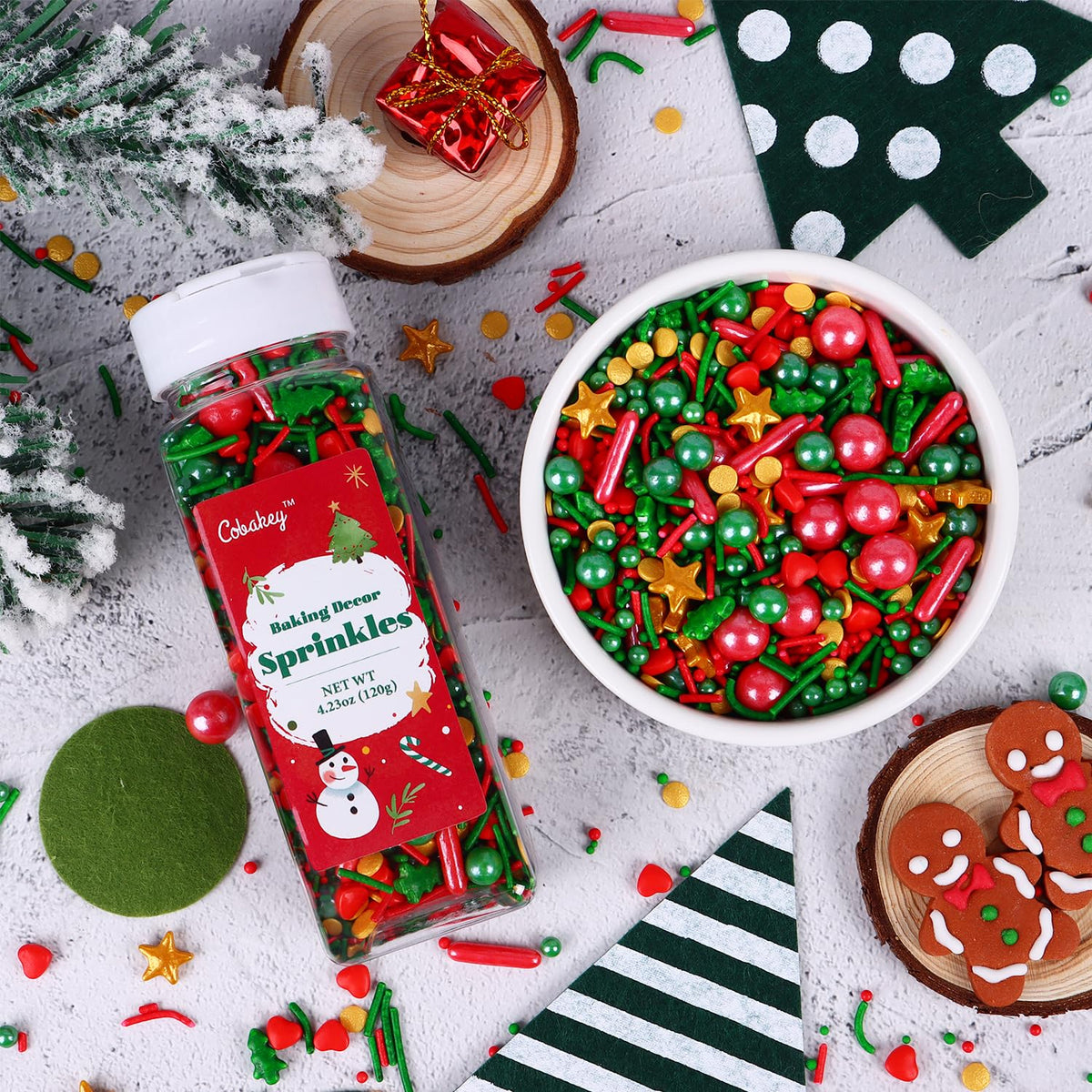 Christmas Sprinkles for Cookies, Red and Green Sprinkles With Green Tree & Gold Star, Perfect for Christmas Dessert Party 4.23 Ounce