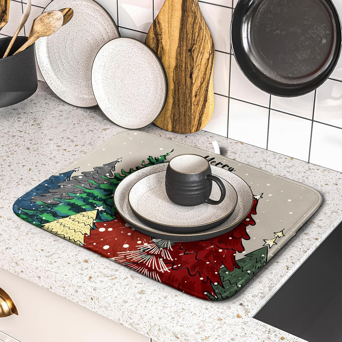 Christmas Trees Dish Drying Mat Winter Holiday Kitchen Dishes Pad 16x18 Inch Absorbent Reversible Fast Dry Draining Rack Pad for Countertop