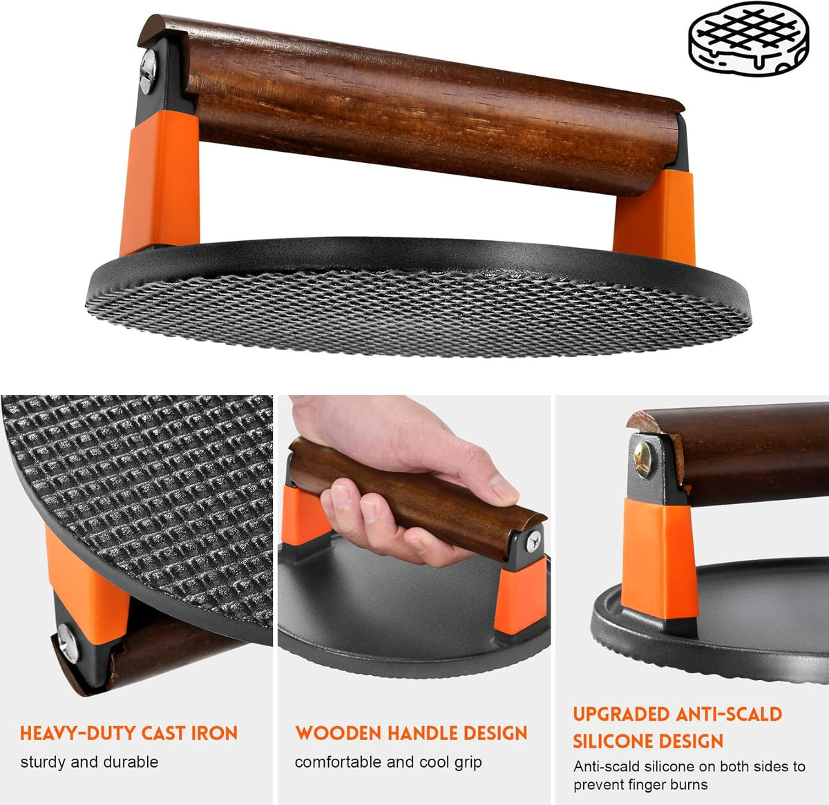 GGC Smash Burger Press, Cast Iron Bacon Press for Hamburger, Steak, Bacon, Sandwiches, 7" Round Meat Press with Wooden Handle for Grill and Griddle Cooking(10Pcs Patty Paper)