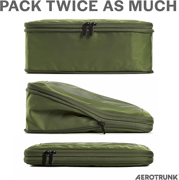 Aerotrunk Compression Packing Cubes for Travel - Luggage Organizer Bags - Double Zipper Packing Cubes for Suitcases (2-Pack, Olive)