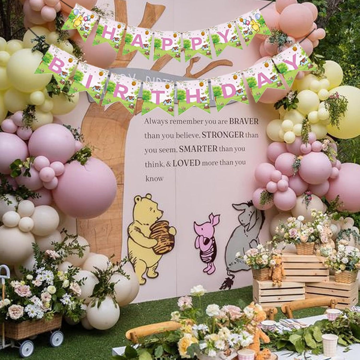 Winnie Birthday Party Banners Classic Pooh Happy Birthday Decoration Banners Signs for Kids Girls 1st Baby Shower Decorations Winnie Birthday Party Supplies