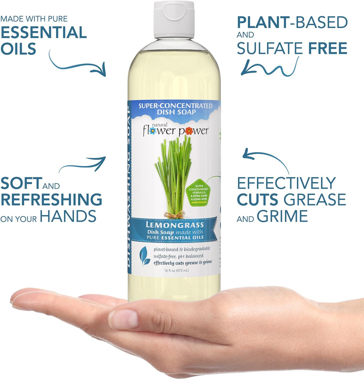 Liquid Dish Soap – Lemongrass – Plant-Based & Scented w/ Pure Essential Oils – Natural Liquid Dishwashing Detergent – Sulfate-Free Gentle Kitchen Soap – Vegan (16 Fl Oz 3 Pack)