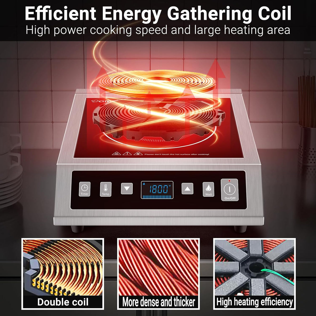 AMZCHEF Induction Cooktop Commercial, Professional Portable Burner, 1800W Countertop Stove Burner with ETL-Certified Induction Hot Plate 3 Hours Timer,8 Temperature & Power Levels,LCD Screen