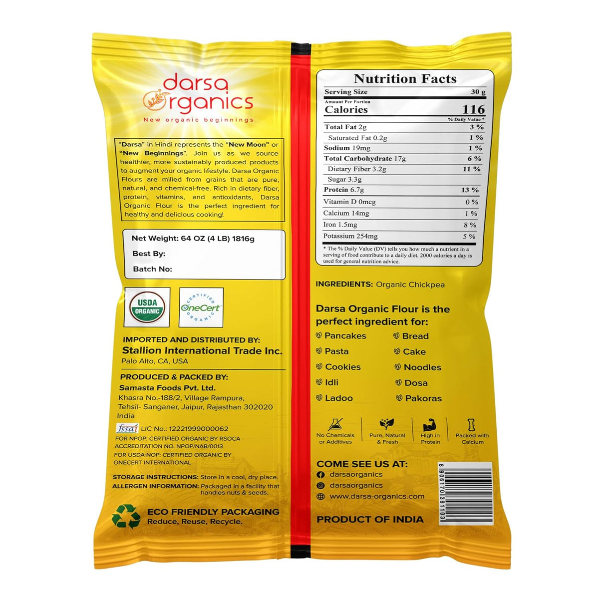 Darsa Organics Gram Flour - 2 lb Besan Flour, USDA Organic, Chemical Free, Non-GMO, Kosher, Premium Chickpea Flour for Cooking & Skin Care, Ideal for Gluten Free Diets & Face Masks