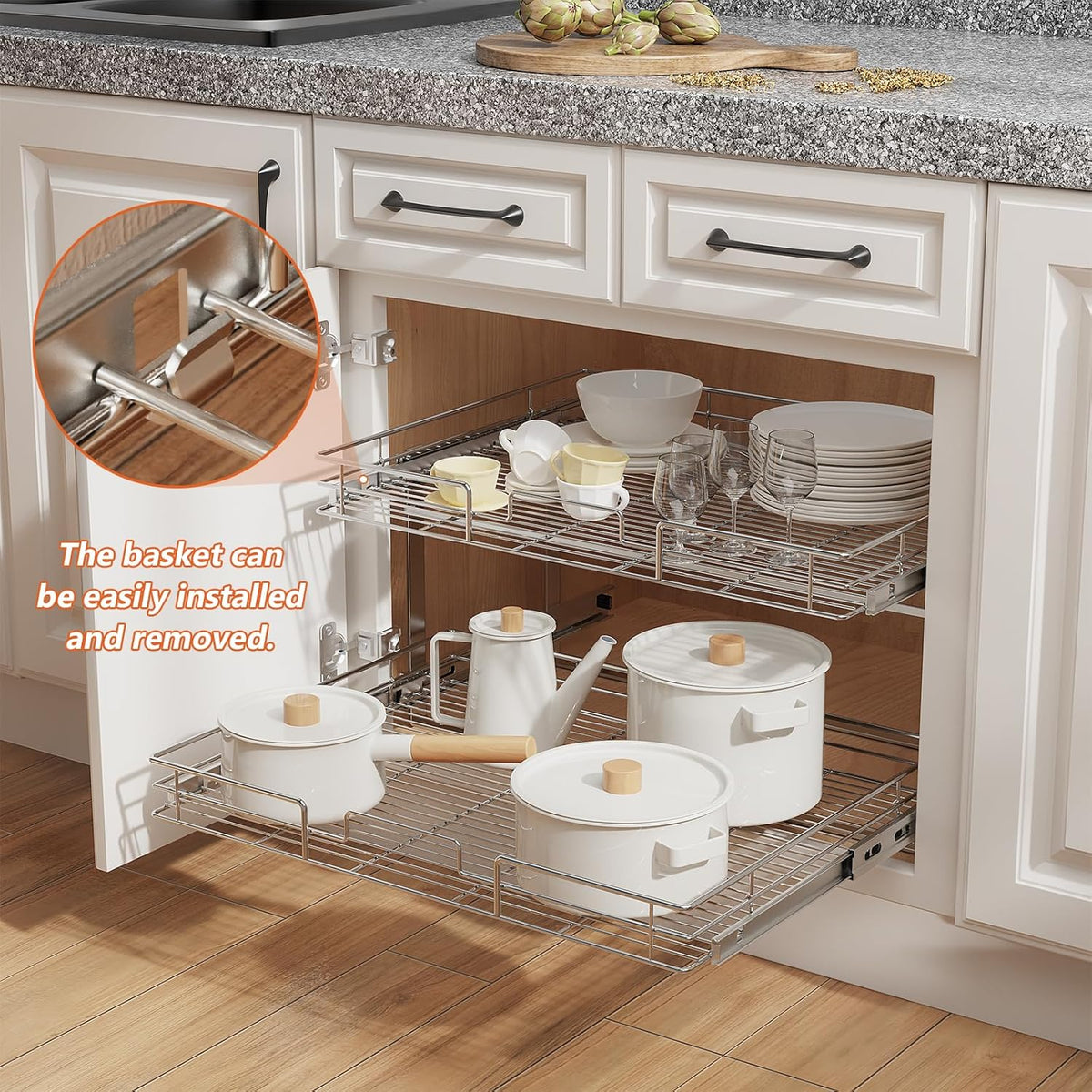 ROOMTEC Individual Pull Out Cabinet Organizer (28½" W x 21½" D), 2 Tier Spice Rack Organizer for Cabinet, Slide Out Drawer Pantry Shelf Organization and Storage for Kitchen Bathroom