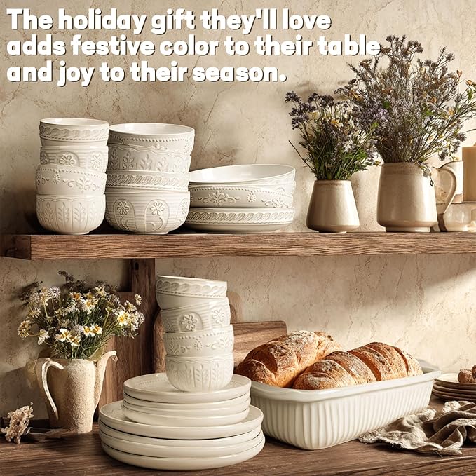 Artena Pasta Bowls, 50oz Large Salad Serving Bowls, 9.75'' Plates Bowls Set of 4, Big White Ceramic Soup Bowls for Kitchen, Embossment Shallow Dinner Bowl, Microwave Dishwasher Safe, Wheat Leaf