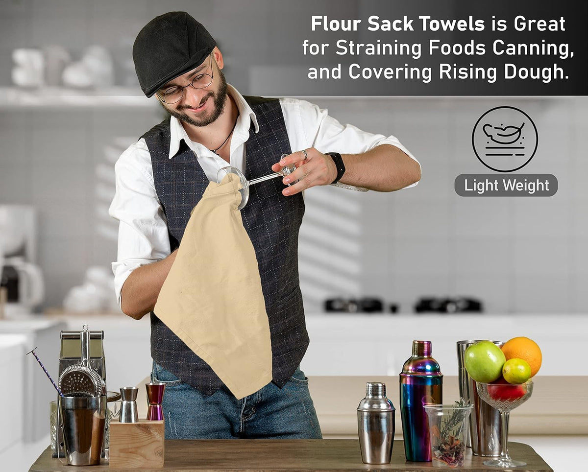 RUVANTI Flour Sack Towels 6 Pack 28x28 Inch, 100% Cotton Tea Towel, Reusable, Machine Washable, Absorbent BarTowels - Dish Cloth Perfect for Drying Dishes & Cleaning - Camel