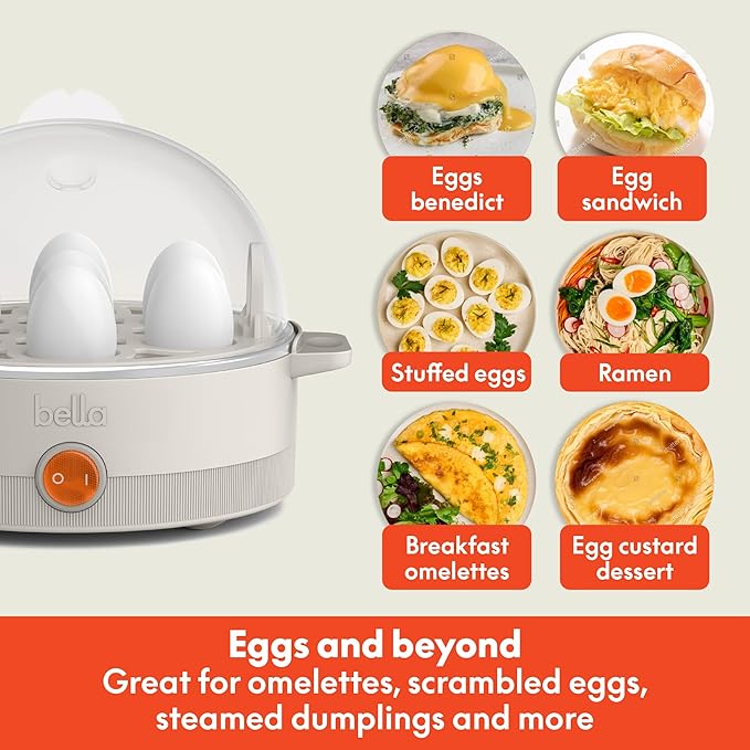 bella Electric Egg Cooker, 7 Eggs Capacity Tray, Single Stack, for Poached, Scrambled, Hard, Medium & Soft Boiled Eggs, Omelets and Steamed Dumplings, Auto Shutoff, 360 Watt, Oatmilk