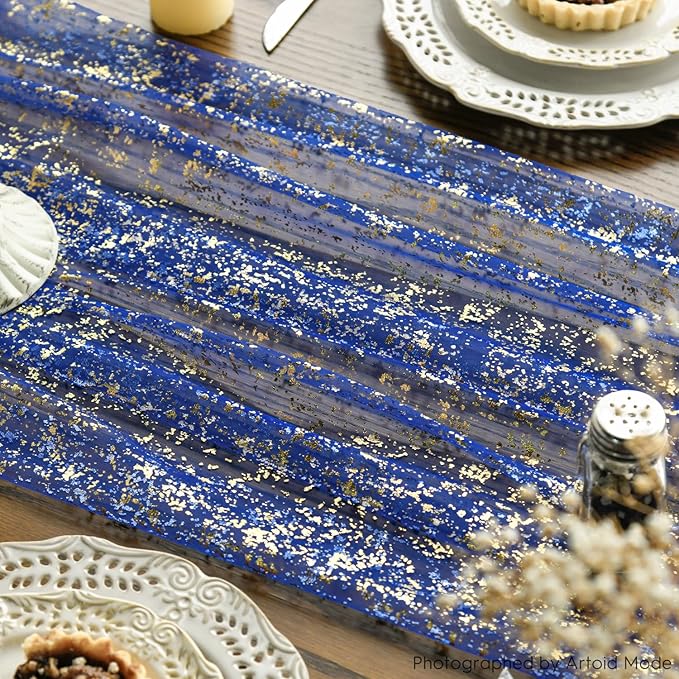 Artoid Mode Blue Gold Gauze Table Runner 120 Inch 10FT, Glitter Metallic Foil Sheer Dining Wedding Anniversary Holiday Table Decor for Home Party