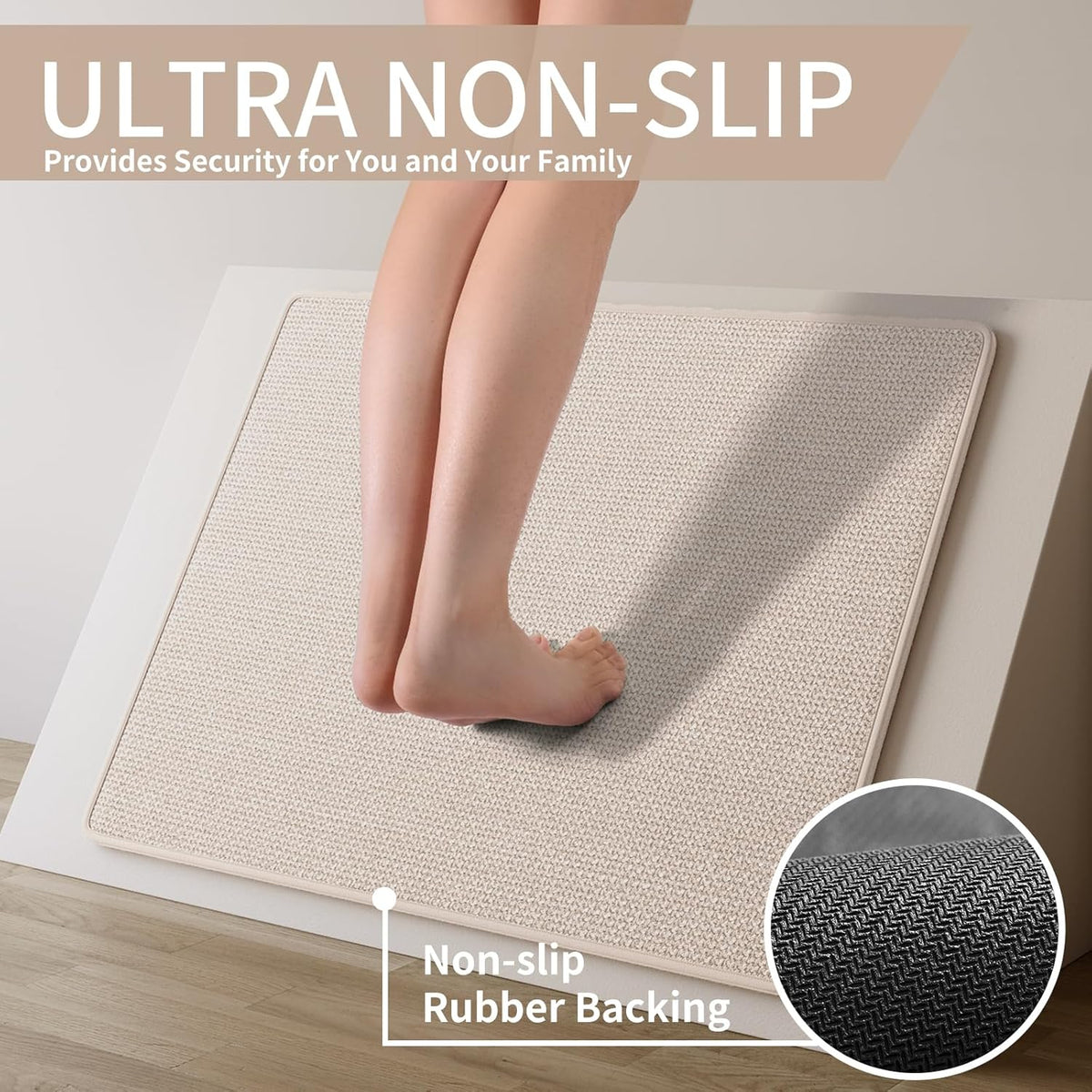Kitchen Mats for Floor, Super Absorbent Kitchen Rugs Non Slip Washable, Soft Imitation Linen Braided Kitchen Runner Rug, Standing Mat Kitchens Sink Mat, Easy to Clean, Beige 17x95