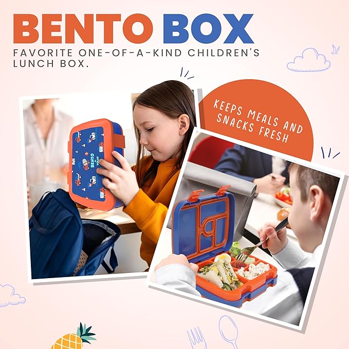 YOLAY Bento Box for Kids Lunch Box Leak-Proof, 5-Compartment Lunch Box Kids for Ages 3-10, Durable with Anti-Slip Base, Suitable for Schools, Outdoor and Travel (Trucks)
