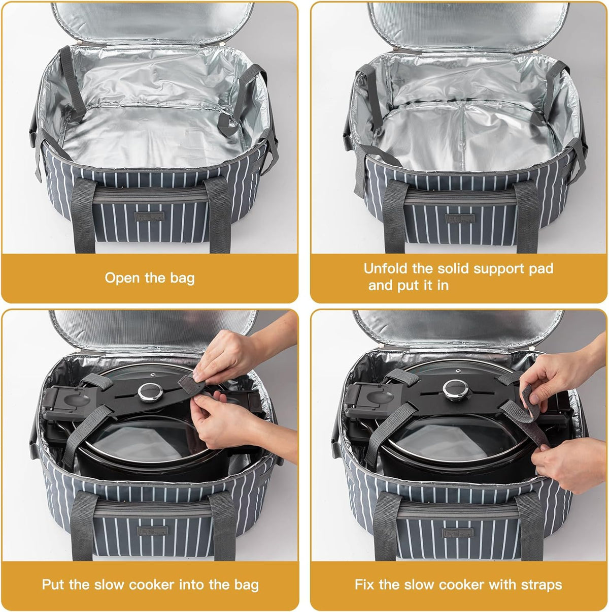 Fun Elements Double Layer Slow Cooker Carrier Bag for 6-8 Quart Oval Crock-Pot, Insulated Crock Pot Travel Bag with Support Pad and Adjustable Straps, Top Zip Compartment and Front Pocket for Utensils