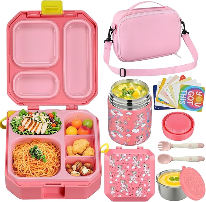 Itslife Bento Lunch Box Set for Kids with 12oz Soup Thermo&Lunch Bag, Leak-Proof Lunch Food Containers for Kids School, 5 Compartment, Sauce Cup, 10 Notes (Unicorn Pink)