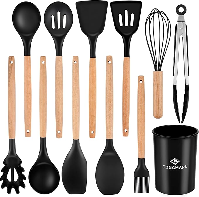 Silicone Cooking Utensils Set, Premium Beech Wood Handle Kitchen Gadgets Utensil Set, Non-Stick Kitchen Utensils Spatula, Tongs, Turner, Whisk, Brush, Spoon, BPA FREE, 446°F Resistant (Black)