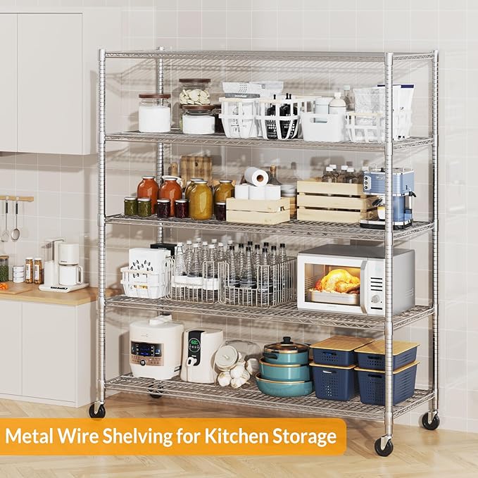 Himimi Storage Shelves with Wheels, 5-Tier Heavy Duty Steel Wire Rack Storage Shelving, Adjustable Metal Storage Shelves for Garage Kitchen Pantry Bathroom Laundry 18" D*60" W*82" H, Silver