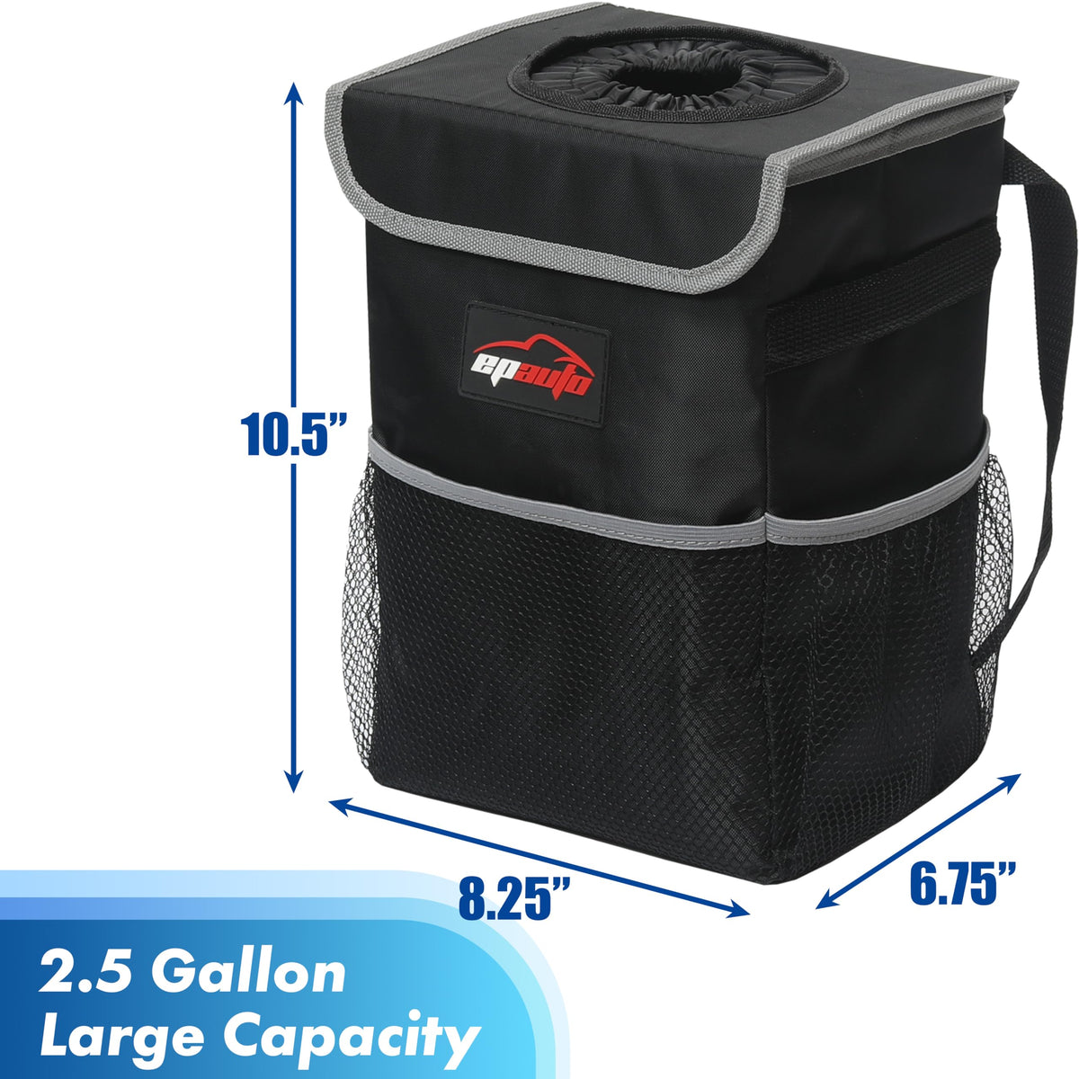 EPAuto Waterproof Car Trash Can with Lid and Pockets, 2.5 Gal, Black