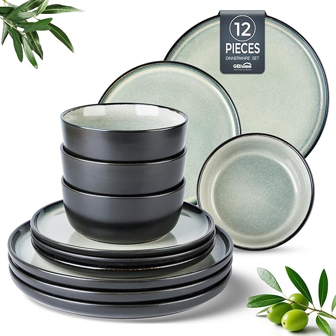 AmorArc Stoneware Dinnerware Sets,Round Reactive Glaze Plates and Bowls Set,Highly Chip and Crack Resistant | Dishwasher & Microwave Safe Dishes Set,Service for 4 (12pc)