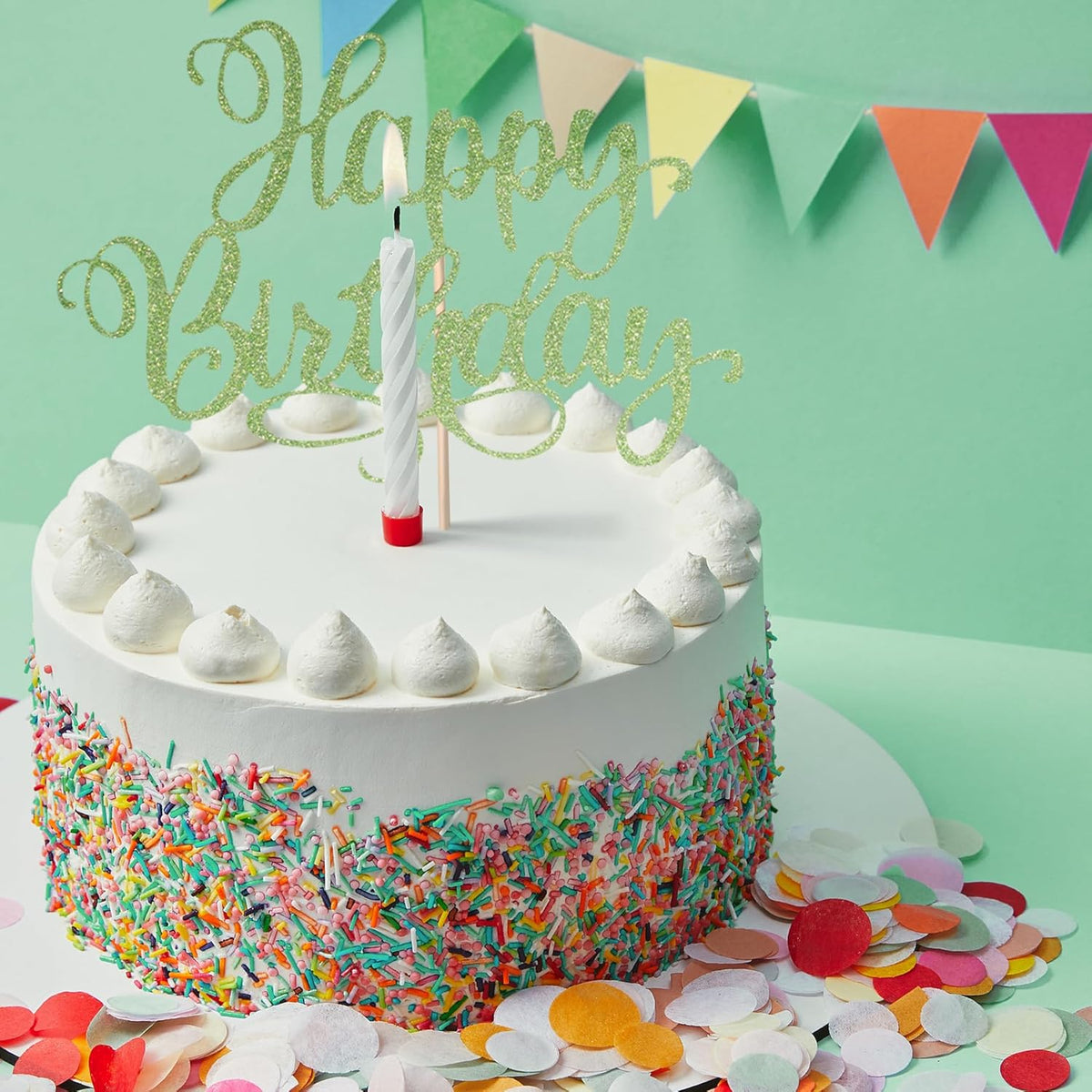 Happy Birthday Cake Toppers 9 Inch Glitter Happy Birthday Cake Pick for Birthday Anniversary Theme Party Cake Decorations Supplies - Olive Green