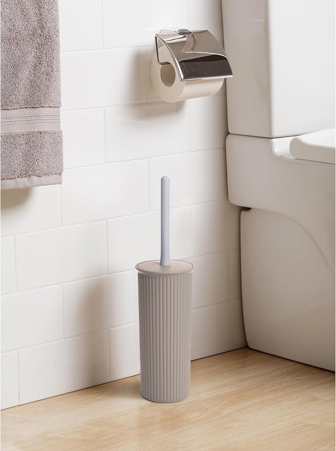 Superio Ribbed Collection - Decorative Plastic Toilet Bowl Brush and Holder Set, Taupe (1 Pack) Cleaner Scrubber for Bathroom