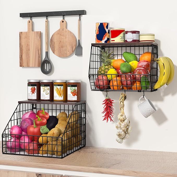 Fruit and Vegetable storage, 2 Set Wall Mounted Wire Baskets, Fruit Basket for Kitchen Counter, Hanging Fruit Basket, Potato Onion Basket, Wire Basket for Organizing, Countertop Organization Pantry