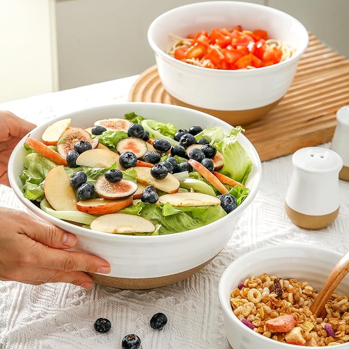 Hasense Ceramic Mixing Bowls, Large Salad Pasta Bowls Set, 2.1/1.0/0.5 Qt Serving Bowls for Entertaining, White Nesting Batter Bowls for Prepping Baking, Dishwasher Microwave Safe, Set of 3