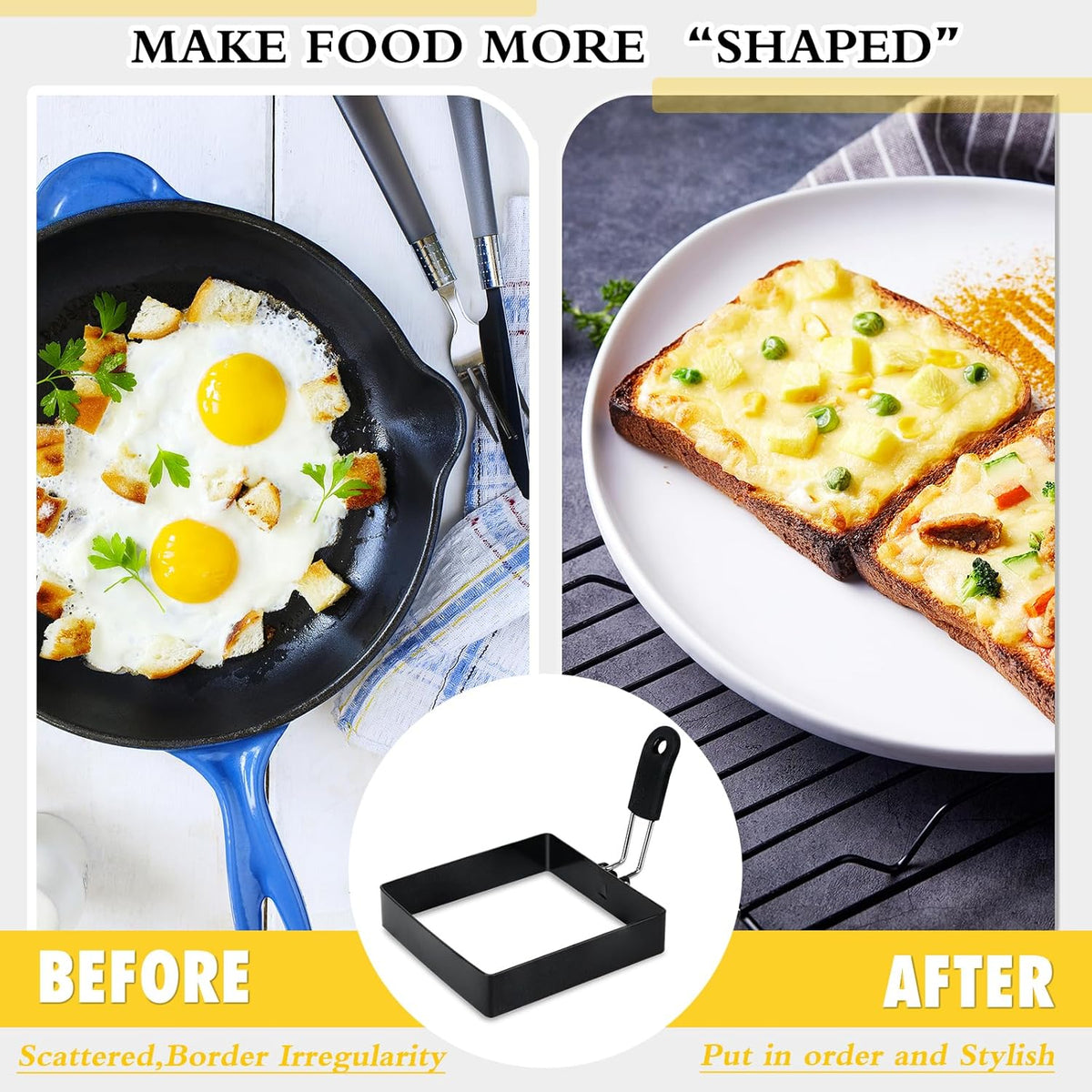 2-Pack 4'' Square Egg Rings Set, Silicone Handle, Stainless Steel, Nonstick, For Frying Eggs