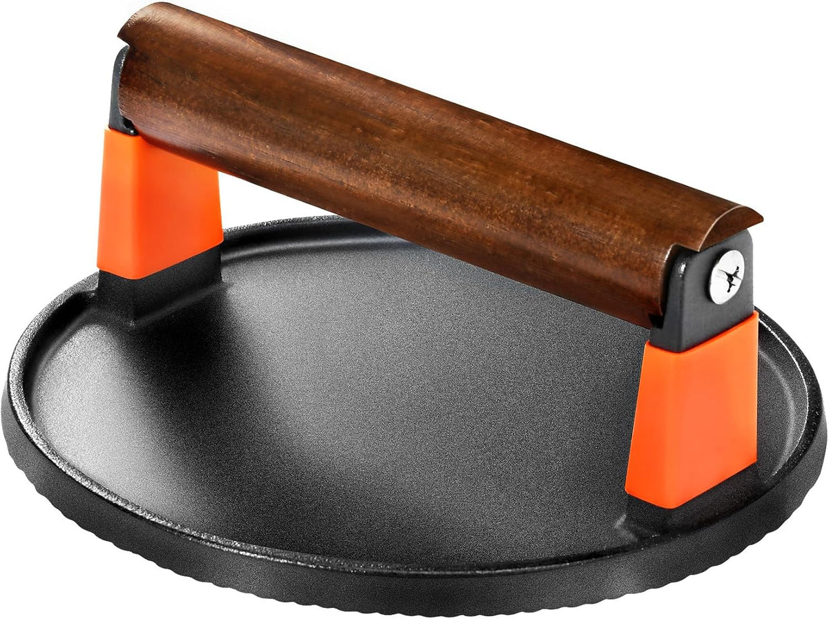 GGC Smash Burger Press, Cast Iron Bacon Press for Hamburger, Steak, Bacon, Sandwiches, 7" Round Meat Press with Wooden Handle for Grill and Griddle Cooking(10Pcs Patty Paper)