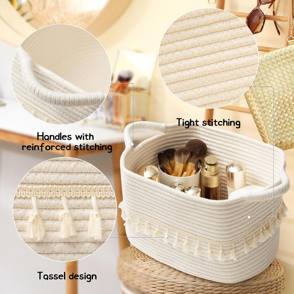 TeoKJ White Cotton Rope Baskets for Storage, Set of 3 Woven Clothes Basket for Organizing and Storage, Blanket Basket for Living Room Laundry Bathroom Shelves