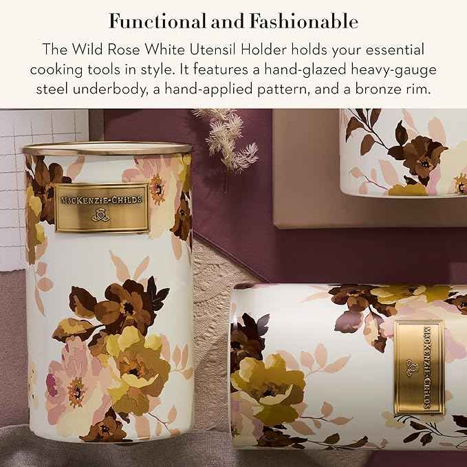 MACKENZIE-CHILDS Enamel Utensil Holder, Stylish Kitchen Countertop Organizer, Wild Rose White