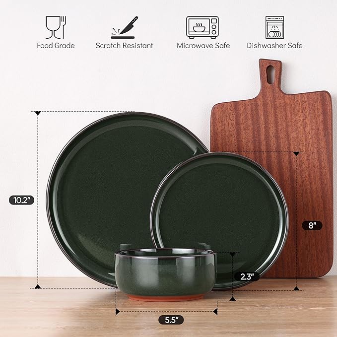 E-far Stoneware Dinnerware Sets for 4, 12 Pieces Reactive Glaze Plates and Bowls Sets, Elegant Dishes with Rustic Terracotta Base, Dishwasher & Microwave Safe, Scratch Resistant, Blackish Green
