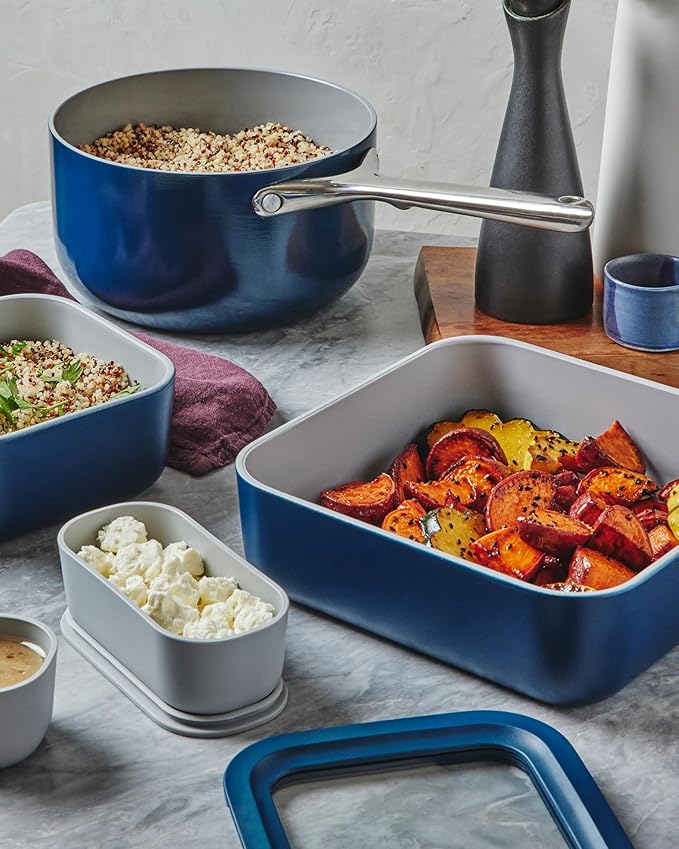 Caraway 2pc Glass Food Storage Set - 10 Cup Food Containers (2) - Ceramic Coated - Non Toxic, Non Stick Lunch Box with Lids. Dishwasher, Oven, & Microwave Safe - Sage