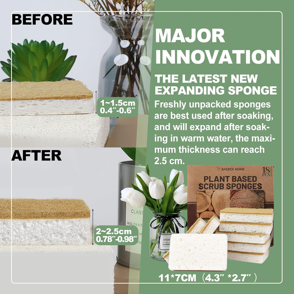 Aheroi Natural Dish Sponge, 18 Count Plant-Based Biodegradable Kitchen Sponges for Dishes, Compostable Eco Friendly Sponges, Organic Cleaning Sponge Dish Scrubber Products for Household, Non Scratch