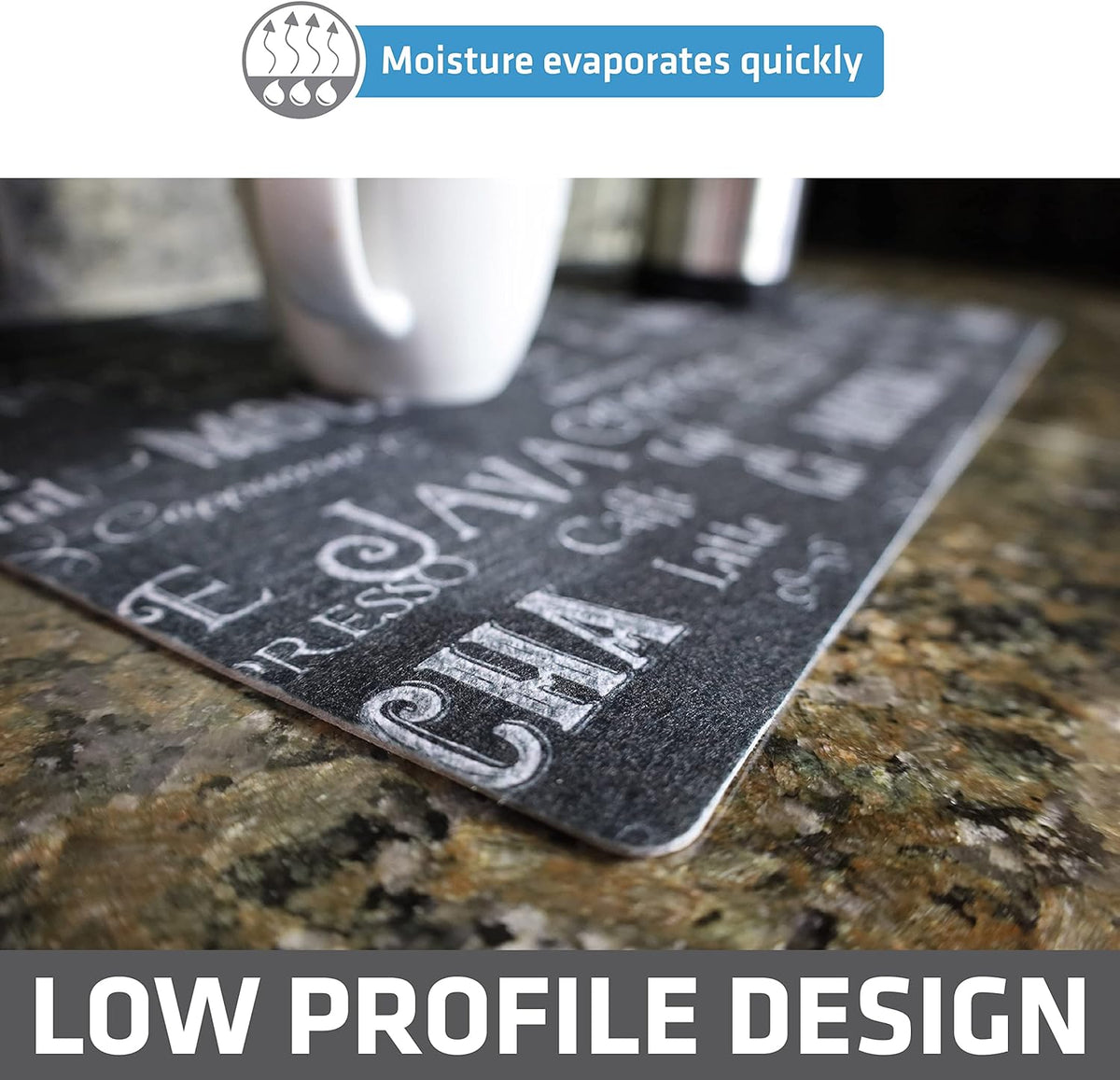Drymate Coffee Maker Mat, (Coffee Station Bar Accessory) Protects Kitchen Countertops From Spills, Stains & Scratches, Absorbent, Waterproof, Washable (USA Made) (12” x 20”) (Java Chalkboard)