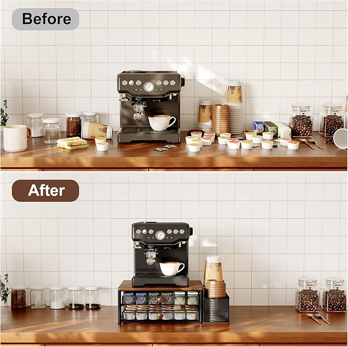 Coffee Bar Organizer, 60 Capacity K Cup Organizer for Countertop, 2 Tier Sliding Coffee Pod Storage Drawer with Disposable Cup & Lid Holder, Black