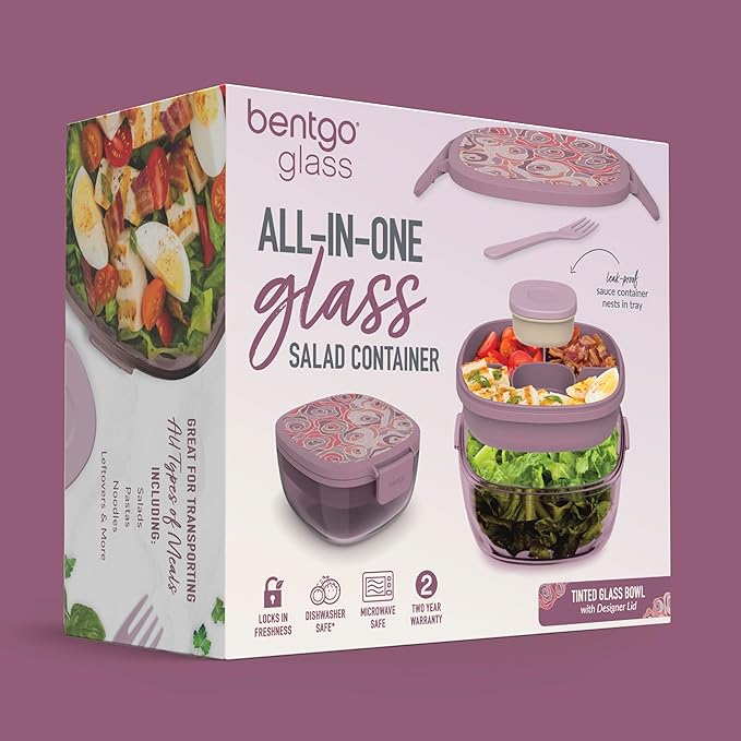 Bentgo Glass Prints All-in-One Salad Container - 61oz Tinted Glass Salad Bowl with Lid, Bento-Style Tray, Sauce Container, & Reusable Fork - Dishwasher & Microwave Safe (Floral Maximalist - Bouquet)