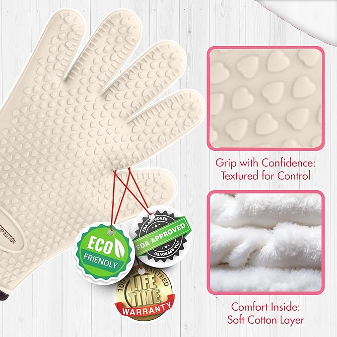 KITCHEN PERFECTION S Silicone Smoker Oven Gloves for Women -Extreme Heat Resistant BBQ Gloves -Handle Hot Food Right on Your Grill Fryer |Waterproof Oven Mitts Cooking Gloves |Superior Set+3 Bonuses
