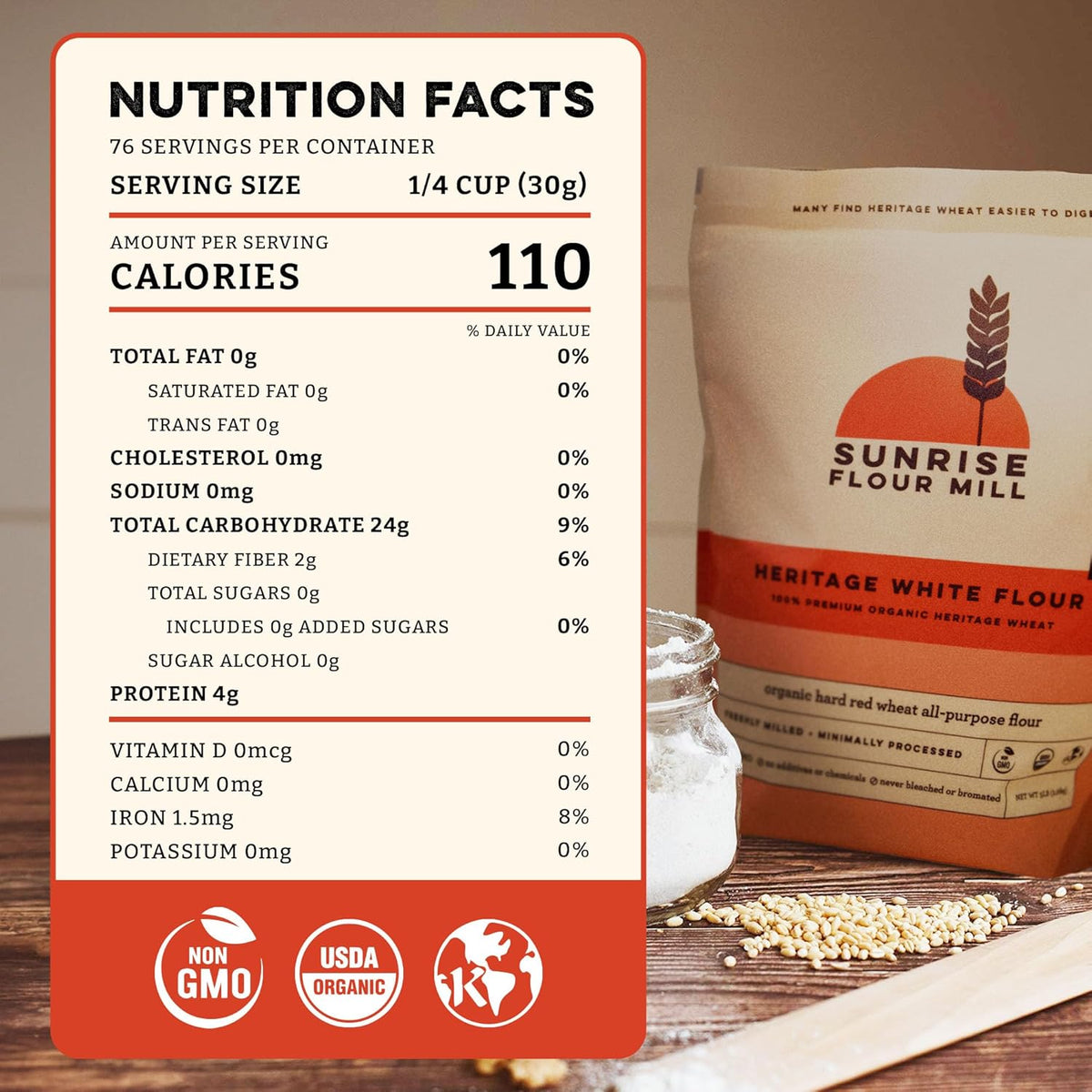 Sunrise Flour Mill Heritage Organic White Flour | USDA Organic All Purpose Flour Unbleached - Non-GMO, Kosher, Glyphosate Free, High Protein for Baking, Unbromated White Wheat (80 Ounce (Pack of 1))