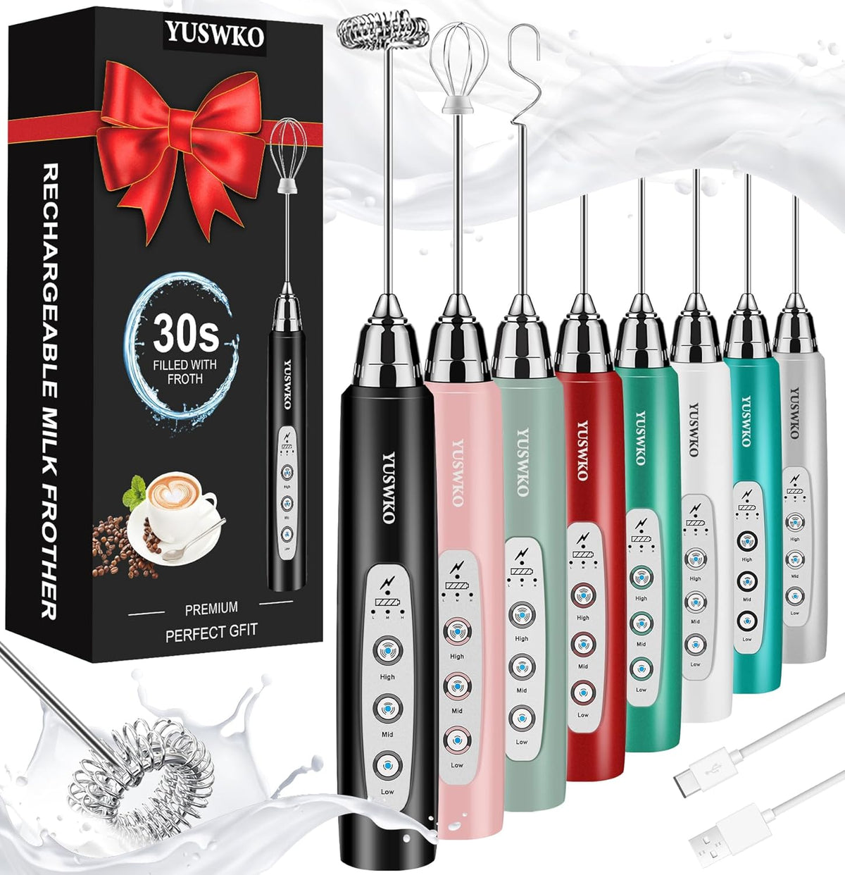 YUSWKO Milk Frother Handheld for Coffee, Rechargeable Drink Mixer with 3 Heads 3 Speeds Electric Coffee Frother Whisk, Gift for Many Occasions and Festival