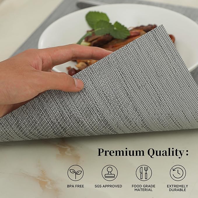 Leetaltree Grey Placemats, Heat Resistant Non-Slip Place mats for Dining Table, Washable Durable PVC Vinyl Woven Table Mats (Set of 16)