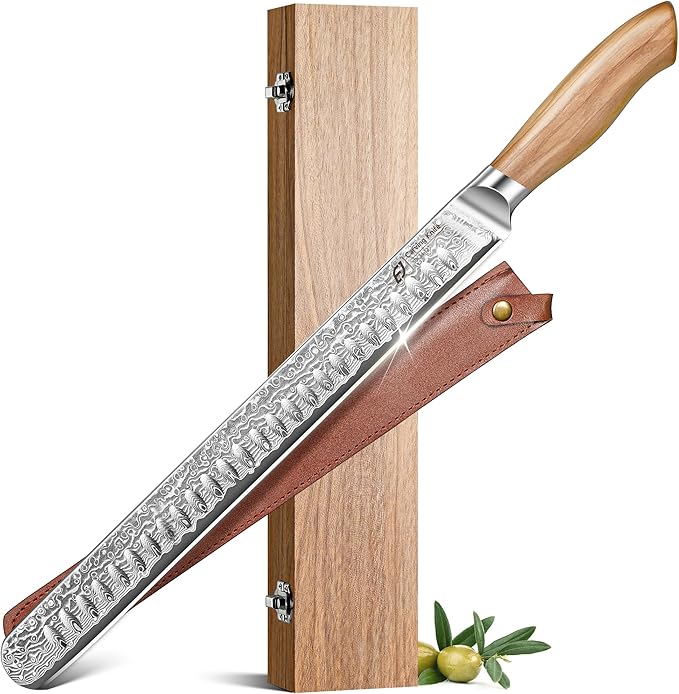 Emojoy Damascus Brisket Slicing Knife, 12" Carving Knife with Japanese Steel, Olive Wood Handle, Luxury Wooden Gift Box, Razor Sharp for Meat & Turkey