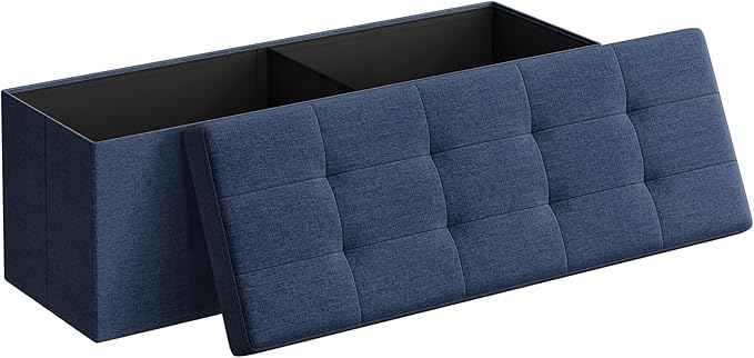 SONGMICS MAZIE Collection - 43 Inches Folding Storage Ottoman Bench, Ottoman Foot Rest, End of Bed Bench, Storage Chest, Load 660 lb, for Living Room, Bedroom, Entryway, Midnight Blue ULSF77IN
